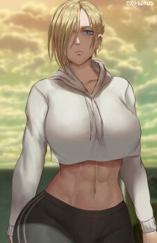 1girl abs annie_leonhart artist_name black_pants blonde_hair blue_eyes breasts cloud crop_top crop_top_overhang cropped_hoodie day drawstring expressionless folded_ponytail hair_over_one_eye highres hood hoodie large_breasts long_sleeves looking_at_viewer midriff navel oroborus outdoors overcast pants revision shingeki_no_kyojin short_hair sky solo white_hoodie wide_hips