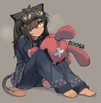 1girl animal_ears artist_name barefoot black_hair cat_ears cat_tail ergot eye_mask eyewear_on_head grey_background hair_over_one_eye holding holding_stuffed_toy looking_up mask original pajamas simple_background sitting solo stuffed_animal stuffed_rabbit stuffed_toy tail yellow_eyes