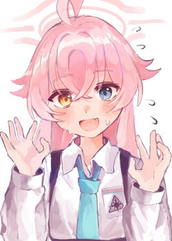 1girl :d abydos_high_school_logo ahoge blue_archive blue_eyes blush chest_harness collared_shirt commentary crossed_bangs dress_shirt embarrassed fang flying_sweatdrops hair_between_eyes hair_intakes halo hands_up harness heterochromia highres hoshino_(blue_archive) huge_ahoge id_card long_hair long_sleeves looking_at_viewer minamisuwari open_hands open_mouth pink_hair pink_halo school_uniform shirt simple_background skin_fang smile solo sweatdrop upper_body white_background white_shirt yellow_eyes