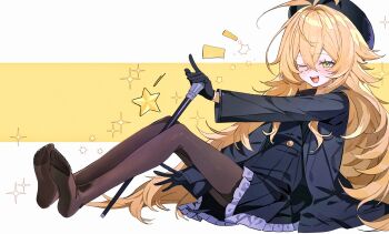 1girl absurdres beret black_hat black_pantyhose black_sailor_collar black_serafuku black_skirt blonde_hair blue_archive cane green_eyes hat highres holding holding_cane long_hair one_eye_closed pantyhose poxiao_buff professor_niyaniya_(blue_archive) sailor_collar school_uniform serafuku skirt soles solo