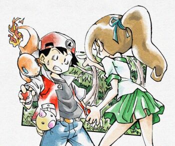 1boy 1girl aqua_ribbon backwards_hat baseball_cap belt black_eyes black_shirt blue_eyes blue_pants brown_hair charmander clenched_teeth closed_mouth comedic_sweatdrop fangs fenyon fire forest gen_1_pokemon green_skirt hair_ribbon hat holding holding_poke_ball horns jacket lass_(pokemon) lass_(pokemon_rgby) miniskirt nature nintendo on_shoulder open_clothes open_jacket pants pointing pointing_at_another poke_ball pokemon pokemon_(creature) pokemon_on_shoulder pokemon_rgby ponytail red_(pokemon) red_hat red_jacket ribbon school_uniform shirt short_sleeves single_horn skirt standing sugimori_ken_(style) teeth tree viridian_forest weedle white_belt white_shirt
