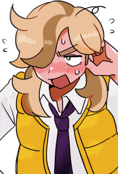 1boy adjusting_hair arven_(pokemon) blush collared_shirt commentary_request embarrassed flying_sweatdrops hair_over_one_eye hand_in_own_hair hand_up highres long_hair male_focus necktie nintendo nose_blush oekipypy open_mouth pokemon pokemon_sv purple_necktie shirt solo sweat vest white_background white_shirt yellow_vest