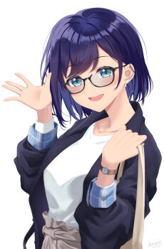 Rule 34 | 1girl, a-chan (hololive), bag, black-framed eyewear, blue eyes, blue hair, blush, bow, collarbone, commentary request, earrings, glasses, highres, holding, hololive, jacket, jewelry, looking at viewer, open mouth, short hair, shoulder bag, smile, solo, virtual youtuber, watch, waving, wristwatch, yoshiki 3821