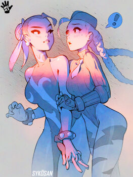 ! 2girls alternate_costume artist_name blush bracelet braid breasts bun_cover cammy_white capcom chun-li crying dress earrings gloves hat highres holding_hands interlocked_fingers jewelry leotard long_hair looking_at_another military_hat multiple_girls necktie sleeveless sleeveless_dress street_fighter sykosan thong_leotard turtleneck twin_braids yuri