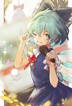 1girl blue_bow blue_dress blue_eyes blue_hair bow bowtie bus cirno cirno's_perfect_math_class collared_shirt commentary_request detached_wings dress gap_(touhou) grin hair_bow highres holding holding_microphone ice ice_wings looking_at_viewer microphone motor_vehicle one_eye_closed pinafore_dress puffy_short_sleeves puffy_sleeves red_bow red_bowtie shirt short_sleeves siyumu sleeveless sleeveless_dress smile solo sparkle touhou w white_shirt wings