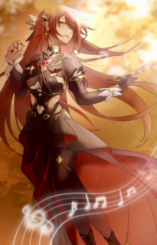 1girl absurdres akashin autumn autumn_leaves black_dress black_gloves black_pantyhose breasts cleavage_cutout clothing_cutout commentary_request dress earrings eden_(honkai_impact) gloves highres honkai_(series) honkai_impact_3rd jewelry large_breasts leaf long_hair musical_note outdoors pantyhose side_cutout single_glove solo very_long_hair yellow_eyes