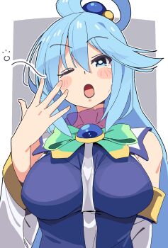 Rule 34 | 1girl, ;o, aqua (konosuba), bare shoulders, beads, blue eyes, blue hair, blue vest, blush stickers, bow, bowtie, breasts, brooch, commentary, detached sleeves, green bow, green bowtie, grey background, hair beads, hair between eyes, hair ornament, hair rings, highres, jewelry, kono subarashii sekai ni shukufuku wo!, large breasts, long sleeves, looking at viewer, noyama takenoko, one eye closed, open mouth, simple background, single hair ring, solo, squeans, tears, upper body, vest, yawning