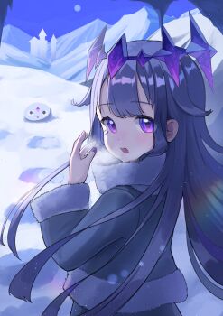 Rule 34 | 1girl, absurdres, alternate costume, breath, center-flap bangs, circlet, coat, commentary, double-parted bangs, english commentary, fur trim, gem, grey coat, grey hair, hair flaps, highres, hololive, hololive english, jewel under eye, koseki bijou, long hair, long sidelocks, looking at viewer, nail polish, pebble (koseki bijou), purple eyes, purple gemstone, purple nails, sidelocks, snow, solo, uminonin46978, upper body, very long hair, virtual youtuber, winter clothes, winter coat