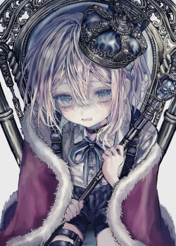 1boy absurdres blonde_hair blue_eyes commentary_request crown crying highres looking_at_viewer male_focus original scepter sensitive shirafu_(shirafu42) shirt shorts solo