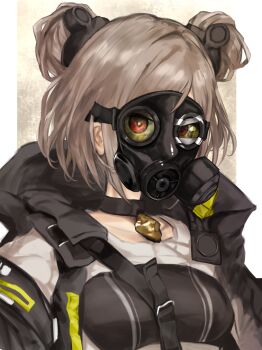 1girl absurdres black_choker breasts brown_hair choker commentary_request double_bun gas_mask girls'_frontline hair_bun highres jacket looking_at_viewer mask p90_(girls'_frontline) red_eyes utsuke