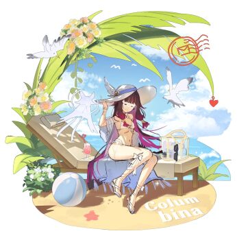 1girl arm_ribbon ball bare_shoulders beach beach_bag beachball bikini bird black_hair blue_sky bow bowtie character_name closed_eyes closed_mouth cloud cocktail cocktail_glass columbina_(genshin_impact) commentary crazy_straw cup day drinking_glass drinking_straw eye_mask flower frilled_bikini frills front-tie_bikini_top front-tie_top genshin_impact gradient_hair hand_on_headwear hat hat_feather heart heart_straw highres korean_commentary leg_bow leg_ribbon long_hair long_sidelocks luonnotar_(genshin_impact) mask multicolored_hair navel ocean outdoors pine_(angel4195202) purple_hair purple_streaks ribbon seagull see-through_clothes see-through_mask sidelocks sky smile solo stomach streaked_hair sun_hat sunglasses swimsuit two-tone_hair veil very_long_hair white_bikini white_hat white_mask white_ribbon wrist_bow