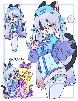 1boy 2boys animal_ear_fluff animal_ears animal_print beads black_tail blonde_hair blue_bow blue_cardigan blue_eyes blue_hair blue_hat blue_leotard blue_panties blue_skirt blush bow bulge cardigan cat_boy cat_ears cat_tail chibi cleavage_cutout clothing_cutout colored_tips commentary cowboy_shot crossdressing crossdressing_(mtf) double-parted_bangs eyepatch fang fish fish_print flipped_hair full_body green_eyes hair_beads hair_between_eyes hair_bow hair_ornament hands_up hat heart highres holding holding_syringe kapela_(op_na_yarou) large_syringe latex latex_leotard leotard long_hair long_sleeves looking_at_viewer male_focus multicolored_hair multiple_boys multiple_views narrowed_eyes no_nose nurse nurse_cap off_shoulder one_eye_covered op_na_yarou open_cardigan open_clothes open_mouth original oversized_object panties pink_cardigan pink_skirt print_hat purple_hair purple_hat purple_leotard purple_tail quad_tails raised_inner_eyebrows red_hair ribbon rigel_(op_na_yarou) see-through_clothes see-through_skirt sidelocks simple_background skin_fang skirt sleeves_past_fingers sleeves_past_wrists speech_bubble spoken_heart standing straight_hair sweat syringe tail tail_ornament tail_ribbon thigh_strap thighhighs thighs trap two_side_up underwear very_long_hair white_background white_hair white_thighhighs