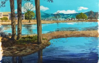 apartment building commentary day grass harusa1107 highres house mountainous_horizon no_humans original painting_(medium) reflection reflective_liquid river riverbank shadow sunlight symbol-only_commentary traditional_media tree tree_shade