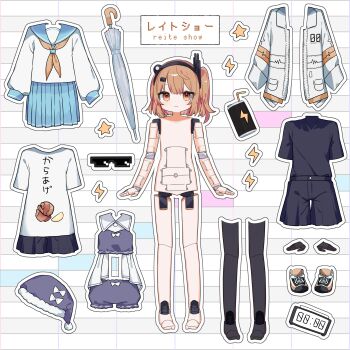 15tsugai 1girl a.i._voice absurdres adachi_rei alarm_clock album_cover android arms_at_sides black_thighhighs blush clock closed_mouth closed_umbrella clothes_writing completely_nude cover energy_drink equipment_layout flat_chest gloves grid_background hat headlamp highres jacket joints kisekae lightning_bolt_symbol looking_at_viewer medium_hair nightcap no_pussy nude one_side_up orange_eyes outline pajamas radio_antenna robot_joints school_uniform seams second-party_source serafuku shirt shoes shorts skirt solo standing star_(symbol) t-shirt thighhighs umbrella unworn_clothes unworn_gloves unworn_hat unworn_headwear unworn_jacket unworn_shirt unworn_shoes unworn_shorts unworn_skirt unworn_thighhighs utau white_background white_outline