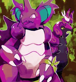 absurdres black_eyes claws colored_sclera gen_1_pokemon gen_5_pokemon highres horns nidoking nintendo no_humans open_mouth pokemon pokemon_(creature) purple_eyes rinnai-rai scolipede single_horn yellow_sclera