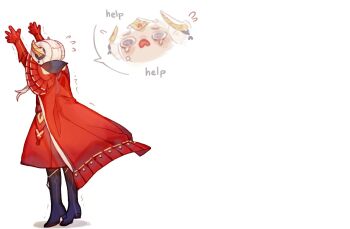 Rule 34 | 1girl, arms up, blonde hair, boots, commentary, edelgard von hresvelg, edelgard von hresvelg (timeskip), english commentary, english text, fake horns, fire emblem, fire emblem: three houses, flying sweatdrops, from behind, full body, hair bun, headpiece, horns, nintendo, oastlv, open mouth, reaching, reaching towards another, sad, solo, speech bubble, spoken character, standing, stretching, tearing up, trembling, white background