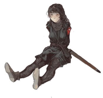 1girl amputee armless_amputee armor black_eyes black_hair black_knight_(monty_python) bone chainmail chainsaw_man double_amputee heterochromia highres long_hair mitaka_asa monty_python monty_python_and_the_holy_grail mossacannibalis no_mouth on_ground orange_eyes ringed_eyes scabbard scar scar_on_face sheath solo yoru_(chainsaw_man)