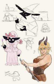 Rule 34 | 1boy, 2girls, absurdres, alchemy, artist name, bare shoulders, black horns, blonde hair, bow, breasts, brown corset, brown shirt, candle, candlelight, character name, commentary, corset, demon horns, dress, earrings, english commentary, etna (lunacid), eyeshadow, full body, garrat the hound, ghost, green eyes, hair between eyes, half-closed eyes, hat, hat bow, highres, holding, holding candle, horns, jewelry, lips, looking at viewer, looking to the side, lunacid, makeup, medium breasts, medium hair, multiple girls, multiple views, nightgown, no pupils, parted lips, pink bow, pink dress, pink hat, player character (lunacid), pointy ears, portrait, red eyeshadow, sharp teeth, shirt, single earring, sketch, smile, sparkle, strangea1chemy, teeth, third eye, upper body, witch hat