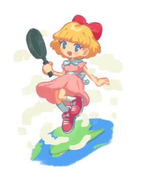 1girl back_bow blonde_hair blush bow dress frying_pan full_body looking_at_viewer mother_(series) mother_2 nintendo open_mouth paula_(mother_2) pokka730 puffy_short_sleeves puffy_sleeves shoes short_sleeves smile sneakers socks solo