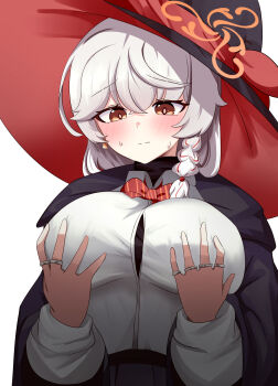 1girl absurdres blue_archive blush bow braid breasts eri_(blue_archive) grabbing_own_breast hat highres hood hooded_jacket jacket jewelry korean_commentary large_breasts multiple_rings red_bow ring sabnak66 shirt white_hair white_shirt witch_hat yellow_eyes