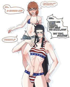 absurdres american_flag american_flag_bikini american_flag_print barefoot bikini black-framed_eyewear black_eyes black_hair blunt_bangs body_freckles borrowed_character brown_hair carrying carrying_overhead carrying_person chest_freckles cigarette cutoffs denim denim_shorts english_text flag_print flag_print_bikini freckles fuku_oni glasses height_difference highres jimiko long_hair medium_hair navel neet_girl_(baalbuddy) original print_bikini shorts shoulder_freckles simple_background sitting_on_shoulder size_difference skinny smoking softshiki_oni speech_bubble swimsuit tall_female thought_bubble trembling unkempt white_background