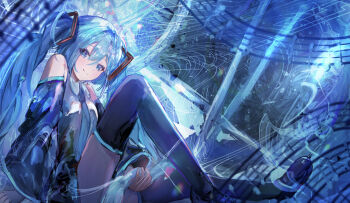 1girl absurdres blue_eyes blue_hair blue_necktie blue_trim blush boots closed_mouth collared_shirt dah1ie detached_sleeves hair_between_eyes hair_ornament hatsune_miku highres long_hair long_sleeves necktie shirt sitting sleeveless sleeveless_shirt smile solo thigh_boots twintails very_long_hair vocaloid white_shirt wide_sleeves