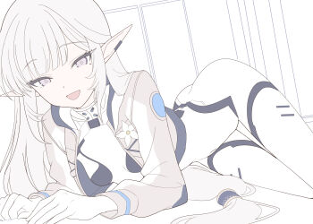 1girl arched_back blue_archive bodysuit breasts covered_navel earclip flat_color highres himari_(blue_archive) himari_(armed)_(blue_archive) long_hair looking_at_viewer lying mole mole_under_eye no_halo official_alternate_costume on_side pointy_ears simple_background sketch_background skin_tight small_breasts smile solo sonoda_345 unfinished very_long_hair white_background white_bodysuit white_hair