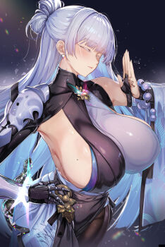 1girl absurdres armpits breasts closed_eyes commentary_request earrings goddess_of_victory:_nikke highres huge_breasts jewelry long_hair nayuta_(nikke) prosthesis prosthetic_arm sideboob sky solo star_(sky) starry_sky two-tone_kimono ura_illust very_long_hair white_hair