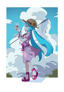absurdres aqua_eyes aqua_hair blue_sky border bug butterfly_net cloud commentary_request cuffs dragonfly dress hand_net handcuffs hands_up hat hatsune_miku highres insect kodomo_no_shikumi_(vocaloid) long_hair nekoma_hikaru no_socks outdoors parted_lips pink_dress pink_shoes platform_sandals polka_dot polka_dot_dress sandals shadow shoes short_sleeves signature sky straw_hat sun_hat tree very_long_hair vocaloid white_border