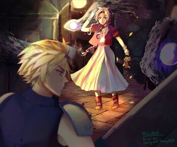 1boy 1girl aerith_gainsborough aqua_eyes armor basket blonde_hair blue_shirt blurry blurry_foreground boots braid braided_ponytail brown_boots brown_hair cloud_strife cobblestone cropped_jacket dress falling_petals fighting_stance final_fantasy final_fantasy_vii final_fantasy_vii_remake flower furrowed_brow hair_ribbon highres holding holding_basket hood hood_up jacket jewelry long_dress long_hair necklace parted_bangs pauldrons petals pink_dress pink_ribbon red_jacket ribbon shirt short_hair short_sleeves shoulder_armor sidelocks single_braid single_pauldron sleeveless sleeveless_turtleneck spiked_hair turtleneck twitter_username whispers_(ff7) yellow_flower zzzoeuf