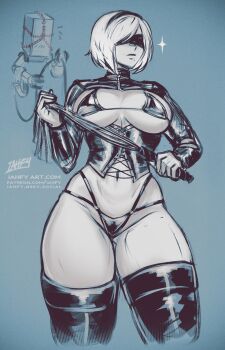 1girl 2b_(nier:automata) absurdres artist_name bikini blindfold bluesky_username commentary english_commentary gluteal_fold highres holding holding_whip iahfy long_sleeves mole mole_under_mouth navel nier:automata nier_(series) patreon_username pod_(nier:automata) robot short_hair solo swimsuit thighhighs watermark whip