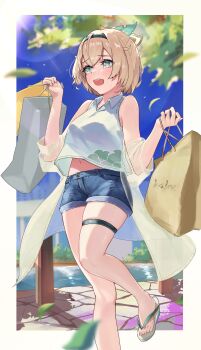 1girl aqua_eyes bag black_hairband blonde_hair blue_shorts blue_sky cloud collared_shirt commentary_request crossed_bangs day denim denim_shorts double-parted_bangs falling_leaves hair_between_eyes hair_flaps hairband halter_shirt halterneck highres holding holding_bag hololive jacket jacket_partially_removed kazama_iroha leaf lens_flare midriff navel open_mouth sandals see-through_clothes see-through_jacket shirt shopping_bag short-sleeved_jacket short_hair short_shorts short_sleeves shorts sky sleeveless sleeveless_shirt solo teeth thigh_strap toake_(user_affe3424) toes upper_teeth_only virtual_youtuber white_shirt