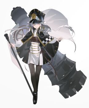 Rule 34 | 1girl, 4deung, :o, absurdres, black cape, black hat, board game, cane, cannon, cape, chess, chess piece, commentary, commentary request, dress, full body, gold trim, hat, high collar, highres, holding, holding cane, long hair, looking at viewer, original, pantyhose, peaked cap, personification, rook (chess), simple background, sketch, solo, standing, tall hat, white background, white dress, white hair