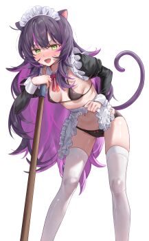 1girl absurdres animal_ears apron bikini black_bikini breasts cat_ears cat_girl cat_tail character_request commentary copyright_request green_eyes highres kaze_22 korean_commentary long_hair long_sleeves looking_at_viewer maid maid_headdress multicolored_hair navel open_mouth purple_hair simple_background solo swimsuit tail thighhighs white_background white_thighhighs