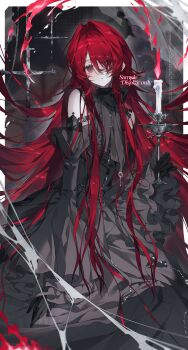 1girl absurdres black_dress black_gloves black_sleeves border candle candlestand center_frills chain commission copyright_request cross detached_sleeves dress expressionless eyes_visible_through_hair fire frilled_sleeves frills gloves hair_between_eyes hair_intakes hair_over_one_eye highres holding holding_candlestand kaomishu key latin_cross long_bangs long_hair long_sidelocks long_sleeves looking_at_viewer mihuashi_commission mismatched_pupils outside_border parted_lips red_eyes red_hair sample_watermark sidelocks silk sitting sleeveless sleeveless_dress sleeves_past_wrists solo spider_web star-shaped_pupils star_(symbol) symbol-shaped_pupils very_long_hair very_long_sidelocks watermark white_border