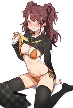 1girl absurdres bikini bikini_under_clothes black_shirt black_skirt black_thighhighs blush breasts brown_eyes brown_hair cleavage clothes_lift clothes_pull earrings ebora grin heart heart-shaped_pupils highres jewelry kujikawa_rise large_breasts long_hair long_sleeves looking_at_viewer medium_breasts navel neckerchief orange_bikini pearl_earrings persona persona_4 plaid_clothes plaid_skirt school_uniform serafuku shirt shirt_lift simple_background sitting skirt skirt_around_one_leg skirt_pull smile solo swimsuit symbol-shaped_pupils thighhighs twintails white_background yasogami_school_uniform yellow_neckerchief