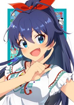 1girl :d antenna_hair aqua_background black_hair blue_eyes border collarbone earrings eyelashes fang feather_earrings feathers ganaha_hibiki hair_between_eyes hair_ribbon halftone halftone_background high_ponytail highres idolmaster idolmaster_(classic) idolmaster_million_live! idolmaster_million_live!_theater_days jewelry light_blush long_hair necklace open_mouth outside_border ponytail red_ribbon ribbon shirt short_sleeves single_earring smile solo twwibql2kktg5am very_long_hair white_border white_shirt wide_ponytail wide_sleeves