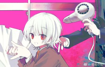 2boys akinashi_haru baoshi_xiao_niao blood blood_from_ring brown_cardigan cardigan detached_arm drying drying_another's_hair drying_hair grin hair_dryer hashtag-only_commentary highres jewelry looking_at_viewer male_focus multiple_boys necktie orange_necktie own_hands_together pink_background red_eyes ring saihate_eki short_hair smile solo_focus tatsunami_shion white_hair zuutto_issho_(kitani_tatsuya)