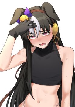 Rule 34 | 1girl, animal ears, bare shoulders, black gloves, black hair, black tank top, bow, coat, unworn coat, collarbone, commentary, crop top, ear bow, ears down, flat chest, fukuro (maruaru00), genderswap, genderswap (mtf), gloves, grey hair, hair between eyes, headgear, highres, horse ears, horse girl, lower teeth only, midriff, navel, open mouth, original, panties, personification, purple eyes, reins, ribbon-trimmed underwear, ribbon trim, simple background, sleeveless turtleneck crop top, solo, stay gold (racehorse), sweat, tank top, teeth, toned, umamusume, underwear, upper body, very sweaty, white background
