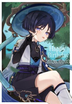 1boy :p akanbe animal_print arm_at_side armor belt bird_print black_belt black_bodysuit black_bow black_bridal_gauntlets black_hair black_shorts blue_cape blue_hat blue_kimono blue_sky blue_sleeves blunt_ends blush bodysuit border bow bridal_gauntlets cape choppy_bangs commentary_request dated ebinu2215 eyelid_pull eyeliner falling_leaves finger_to_eye frown furisode genshin_impact gold hakama hakama_shorts hand_up happy_birthday hat highres index_finger_raised japanese_armor japanese_clothes jingasa juban kimono kote kurokote layered_sleeves leaf leg_warmers looking_at_viewer makeup male_focus motion_blur open_clothes open_kimono outdoors pleated_shorts purple_eyes purple_pupils purple_rope purple_sash red_eyeliner rope sash scaramouche_(genshin_impact) short_sleeves shorts shoulder_peek sitting sky solo tongue tongue_out tree tsurime twitter_username wanderer_(genshin_impact) white_border white_kimono white_leg_warmers white_sleeves