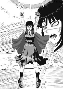 Rule 34 | 1girl, arms up, breasts, cape, chainsaw man, commentary request, cross scar, dragon ball, dragonball z, dress, energy ball, facial scar, fourth east high school uniform, genki dama, highres, k.rikina, medium breasts, open mouth, parody, pinafore dress, pleated dress, ringed eyes, scar, scar on cheek, scar on face, school uniform, shoes, sleeveless, sleeveless dress, socks, solo, yoru (chainsaw man)