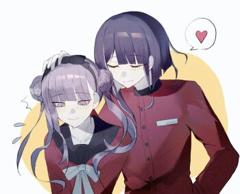 1boy 1girl ^^^ black_bow black_hairband black_sailor_collar bow bowtie brother_and_sister buttons chinese_commentary closed_eyes closed_mouth colored_inner_hair commentary_request double_bun earclip flying_sweatdrops gakuran hair_bow hair_bun hairband hand_on_another&#039;s_head headpat heart high_collar highres jacket long_hair long_sleeves multicolored_hair pink_eyes pink_hair purple_hair rafag red_jacket red_shirt sailor_collar sailor_shirt school_uniform shirt short_hair_with_long_locks siblings single_sidelock smile speech_bubble spoken_heart the_hundred_line_-last_defense_academy- tsukumo_ima tsukumo_kako twins twintails two-tone_hair u_u white_bow white_bowtie white_hair