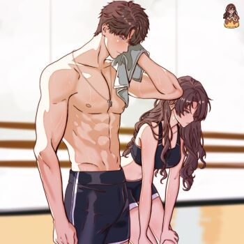 1boy 1girl bare_arms black_shirt black_shorts breasts brown_eyes brown_hair caleb_(love_and_deepspace) cowboy_shot crop_top dog_tags drying hair_between_eyes highres leaning_forward long_hair love_and_deepspace medium_breasts midriff muscular muscular_male parted_bangs protagonist_(love_and_deepspace) shirt short_hair shorts sweat tako_drawing topless_male workout_clothes