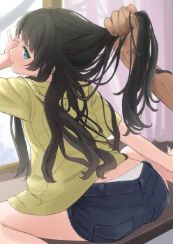 1boy 1girl against_window ass blue_eyes blue_shorts brown_hair curtains denim denim_shorts expressionless feet_out_of_frame green_hoodie holding_another&#039;s_hair hood hoodie indoors lips long_hair looking_at_viewer looking_back original panties panty_peek pink_lips shorts sidelocks sitting solo_focus underwear wariza white_panties window yoropa