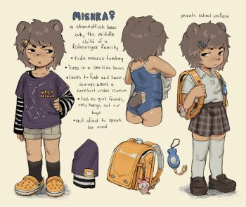 1girl animal_ears ass backpack bag bag_charm bear_cutout bear_ears bear_girl bear_tail blue_one-piece_swimsuit brown_hair casual charm_(object) child clothing_cutout competition_school_swimsuit crocs dark-skinned_female dark_skin hair_ornament hairclip highres layered_sleeves loafers long_sleeves mishka_(snugglepuff28) one-piece_swimsuit original plaid_clothes plaid_skirt planet_hair_ornament randoseru school_swimsuit school_uniform shirt shoes short_over_long_sleeves short_sleeves shorts skirt snugglepuff28 striped_clothes striped_shirt swimsuit t-shirt tail tail_through_clothes thighhighs tomboy white_thighhighs yellow_bag zettai_ryouiki