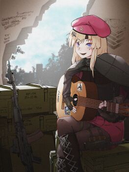 1girl absurdres acoustic_guitar ak-74m ak74m_(girls&#039;_frontline) assault_rifle beret black_boots black_capelet black_gloves blonde_hair blue_eyes blue_sky boots box broken_wall capelet cloud cloudy_sky commission commissioner_upload crossed_legs fingerless_gloves flag_hair_ornament girls&#039;_frontline gloves graffiti guitar gun hair_ornament hat highres hk416_(girls&#039;_frontline) instrument ixyfog kalashnikov_rifle knife lace-up_boots long_hair looking_at_viewer non-web_source on_box open_mouth playing_guitar playing_instrument red_hat red_skirt rifle russian_flag russian_text sheath sheathed sitting sitting_on_box skirt sky snowflake_hair_ornament solo sticker textless_version translated weapon weapon_case