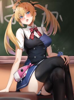 1girl ahoge black_thighhighs blonde_hair blue_eyes blush breasts chalkboard crossed_legs desk grisaia_(series) grisaia_no_kajitsu highres large_breasts long_hair looking_at_viewer matsushima_michiru on_desk panties pantyshot ribbon school_uniform sebakanken sitting solo striped_clothes striped_panties thighhighs thighs tongue tongue_out twintails underwear