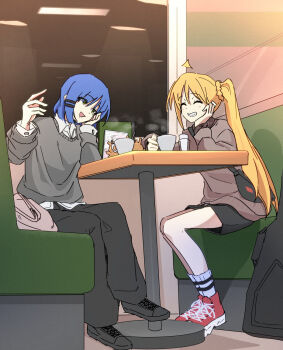 2girls ahoge alternate_costume bag blonde_hair blue_hair bocchi_the_rock! cafe closed_eyes coffee coffee_mug commentary_request cup dating grey_sweater hair_ornament hairclip highres ijichi_nijika instrument_case light_blush misono_(misono_ttt) mug multiple_girls open_mouth parallel_hairclips short_hair side_ponytail smile sweater tagme window yamada_ryo yellow_eyes yuri