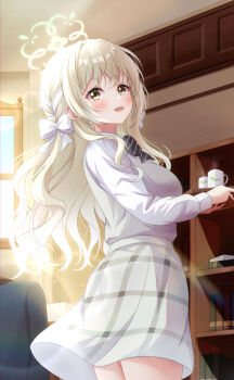 1girl absurdres black_bow black_bowtie blue_archive blush bookshelf bow bowtie braid collared_shirt commentary_request cup dress_shirt green_halo grey_hair grey_skirt hair_between_eyes hair_bow hair_intakes hair_ribbon halo highres holding holding_tray indoors long_hair long_sleeves medium_skirt miyo_(blue_archive) open_mouth plaid_clothes plaid_skirt pleated_skirt ribbon ribbon_braid sa07_drawing school_uniform shelf shirt skirt solo tray very_long_hair wavy_hair white_bow white_ribbon yellow_eyes