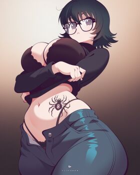 1girl black-framed_eyewear black_bra black_hair black_panties bra breasts flipherrrr glasses gradient_background highres hunter_x_hunter large_breasts navel panties shizuku_murasaki solo spider_tattoo stomach_tattoo tattoo underwear